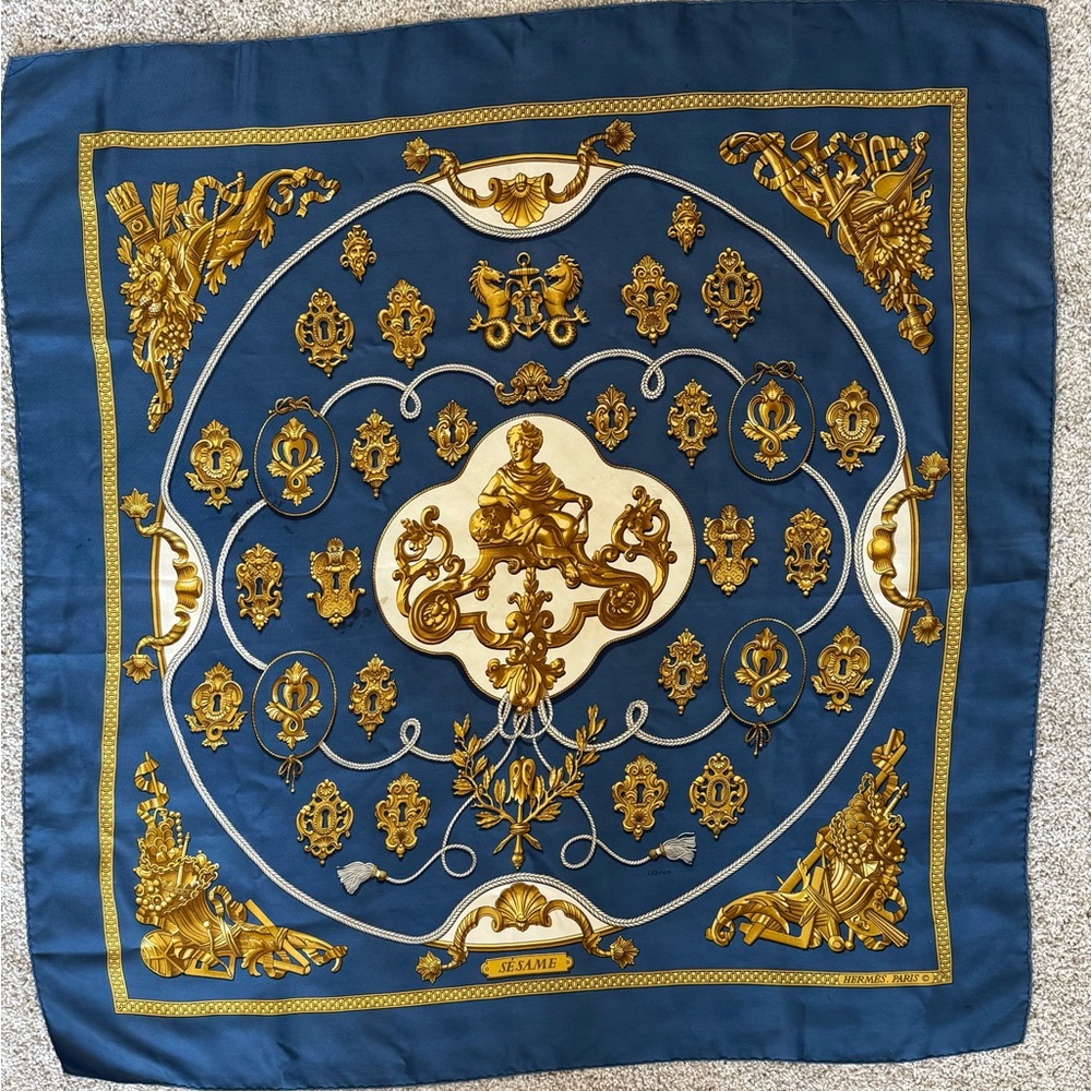 Hermes Philippe Ledoux Blue and Gold Silk Scarf